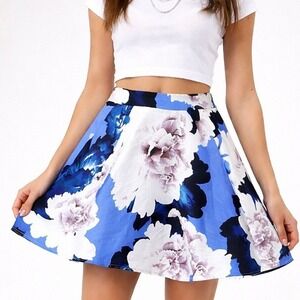 Jodi Kristopher Skater Apron A-Line Mini Skirt Blue White Floral Statement Satin